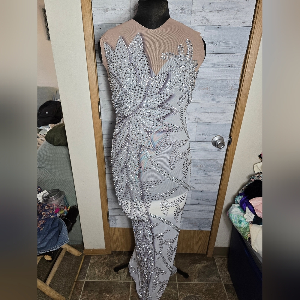 Elegant Silver Nude Embellished Sleeveless Bodycon Mesh Maxi Evening Gown
